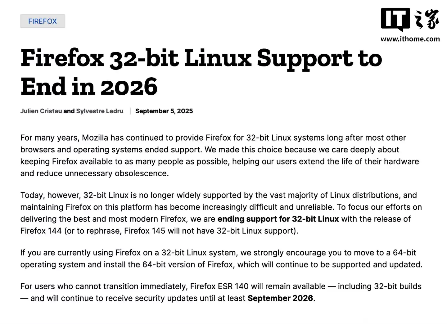 Mozilla:Firefox 火狐浏览器将于 2026 年 9 月停止支持 32 位 Linux 系统