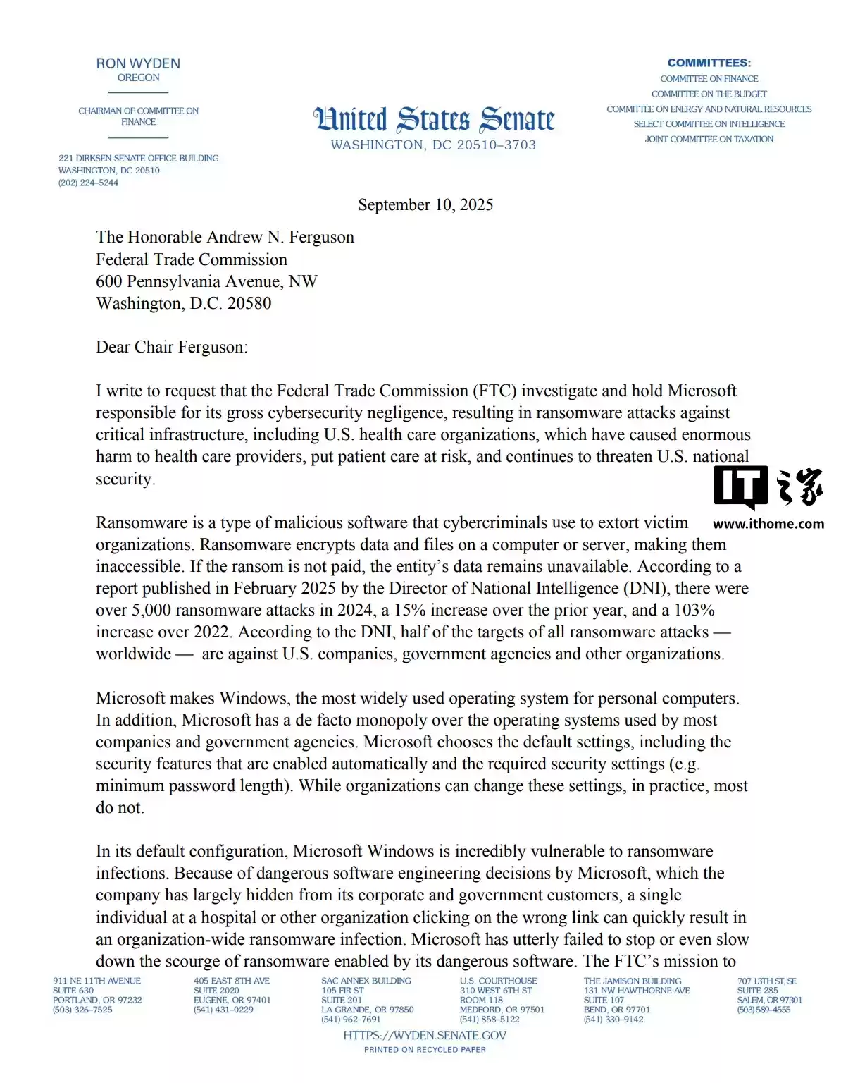 美参议员指责微软垄断和疏忽安全:靠增值服务获利,像“纵火犯向受害者推销灭火服务”