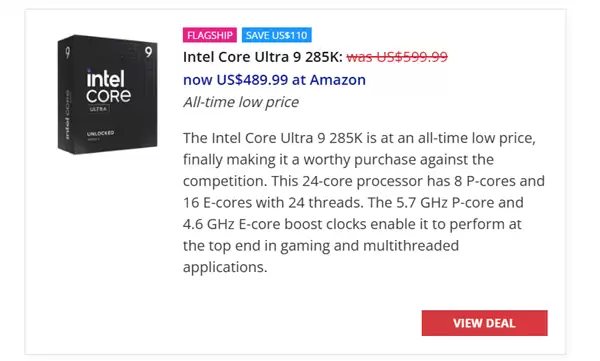 优化后性能大涨21％！Intel旗舰酷睿Ultra 9 285K降至有史以来最低价：3开头即可入手
