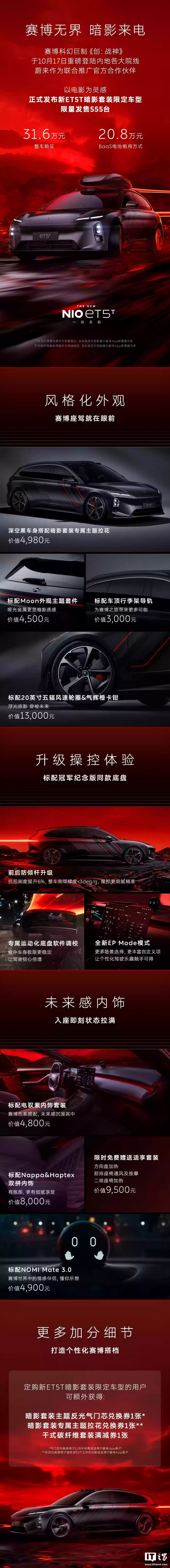 蔚来ET5T暗影套件限量发布：555台售31.6万 支持租电20.8万