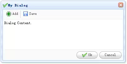 jQuery EasyUI 对话框界面,包含顶部工具栏、内容区域和底部操作按钮