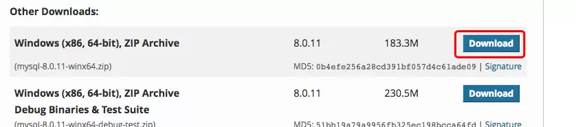 MySQL 下载页面底部，显示直接下载链接