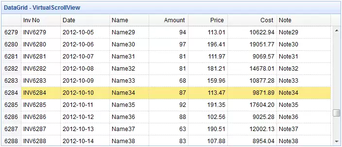 jQuery EasyUI DataGrid 虚拟滚动视图界面,展示包含发票号、日期、名称、金额等字段的表格,滚动条平滑移动