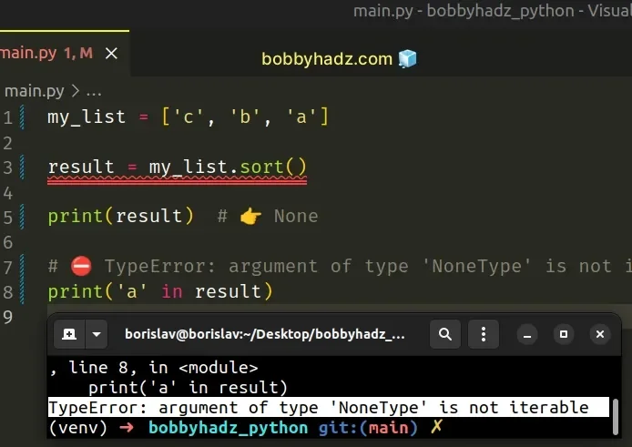 展示Python交互式终端中错误使用list.sort()赋值导致变量为None，以及正确使用sorted()得到新列表的对比。