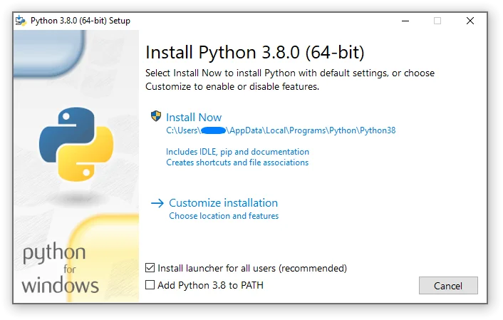展示Windows 10电脑运行Python安装程序的真实界面，突出安装版本、Install Now以及Add Python to PATH等关键选项。