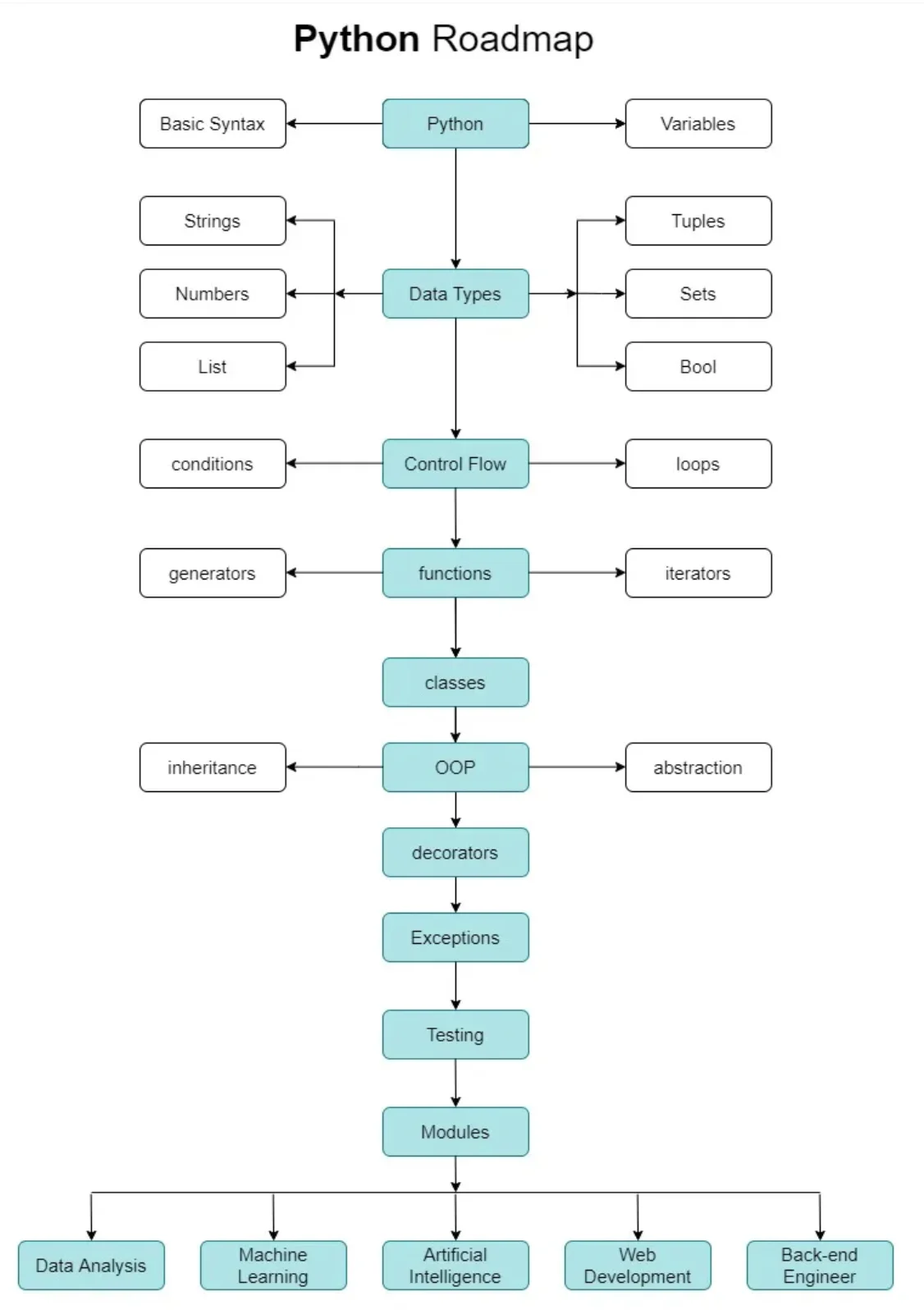 展示一张清晰的Python学习路线图，从Python基础分叉到数据分析、AI、Web开发、自动化和软件工程等方向，并标注阶段性学习目标。
