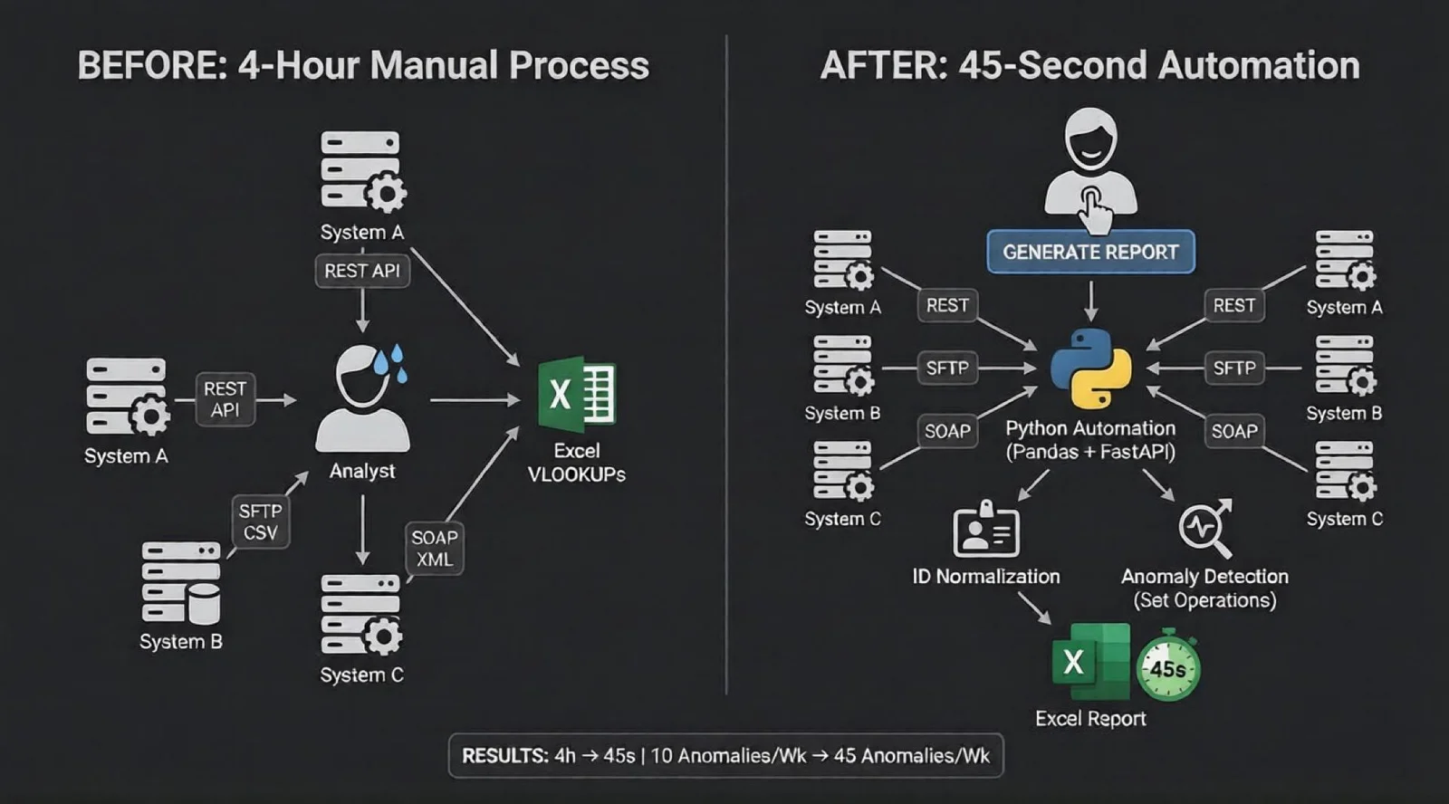 展示Python自动化运行前后的文件数量、处理时间或Excel结果对比，体现自动化带来的效率提升和结果验证过程。
