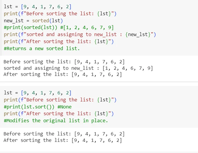 展示Python终端中分别执行list.sort()和sorted(list)后的结果，对比原列表是否发生变化以及返回值差异。