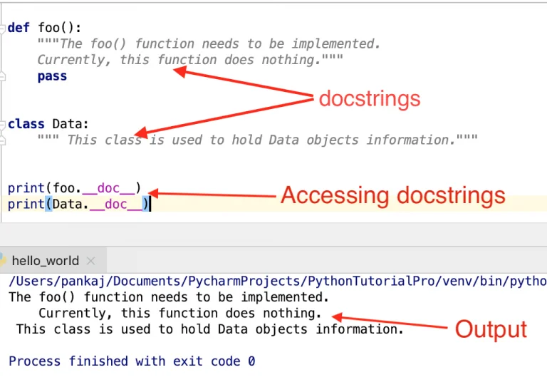 展示Python函数或类中编写docstring，并通过__doc__或help()查看文档说明的真实代码与输出。