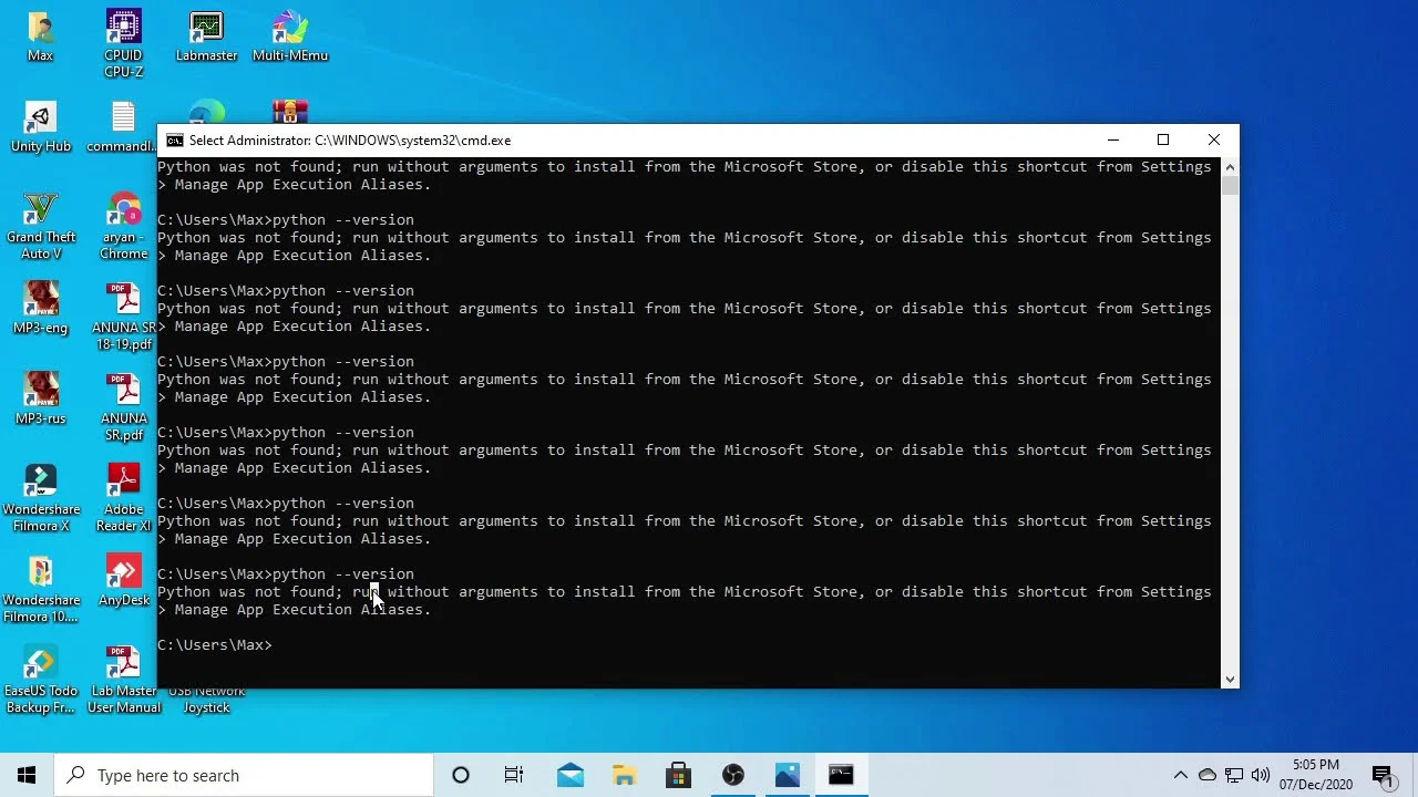 展示Windows 10命令行出现Python is not recognized或相关环境变量配置问题的真实界面，辅助理解故障排查。