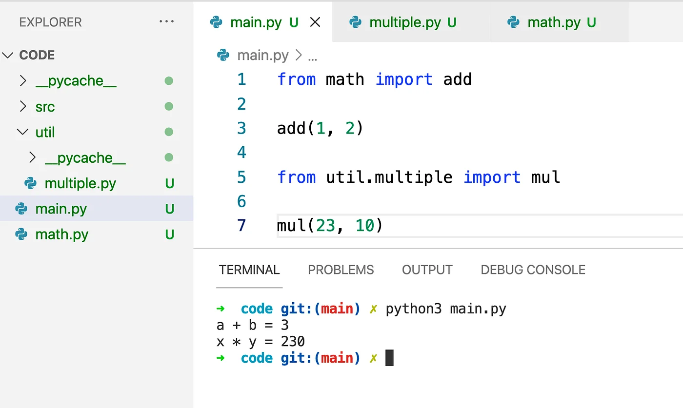 展示一个完整 Python 小项目的多文件结构、模块之间的导入关系、主程序代码和终端运行结果。