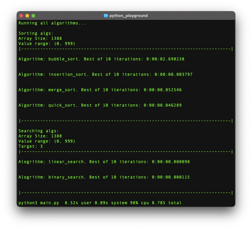 展示真实 Python 性能测试代码编辑器与终端耗时输出，对比优化前后的循环执行时间。