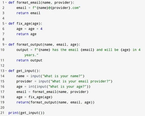 展示真实 Python 项目中的完整案例代码结构，包括多个函数、参数传递、主程序调用和最终输出。